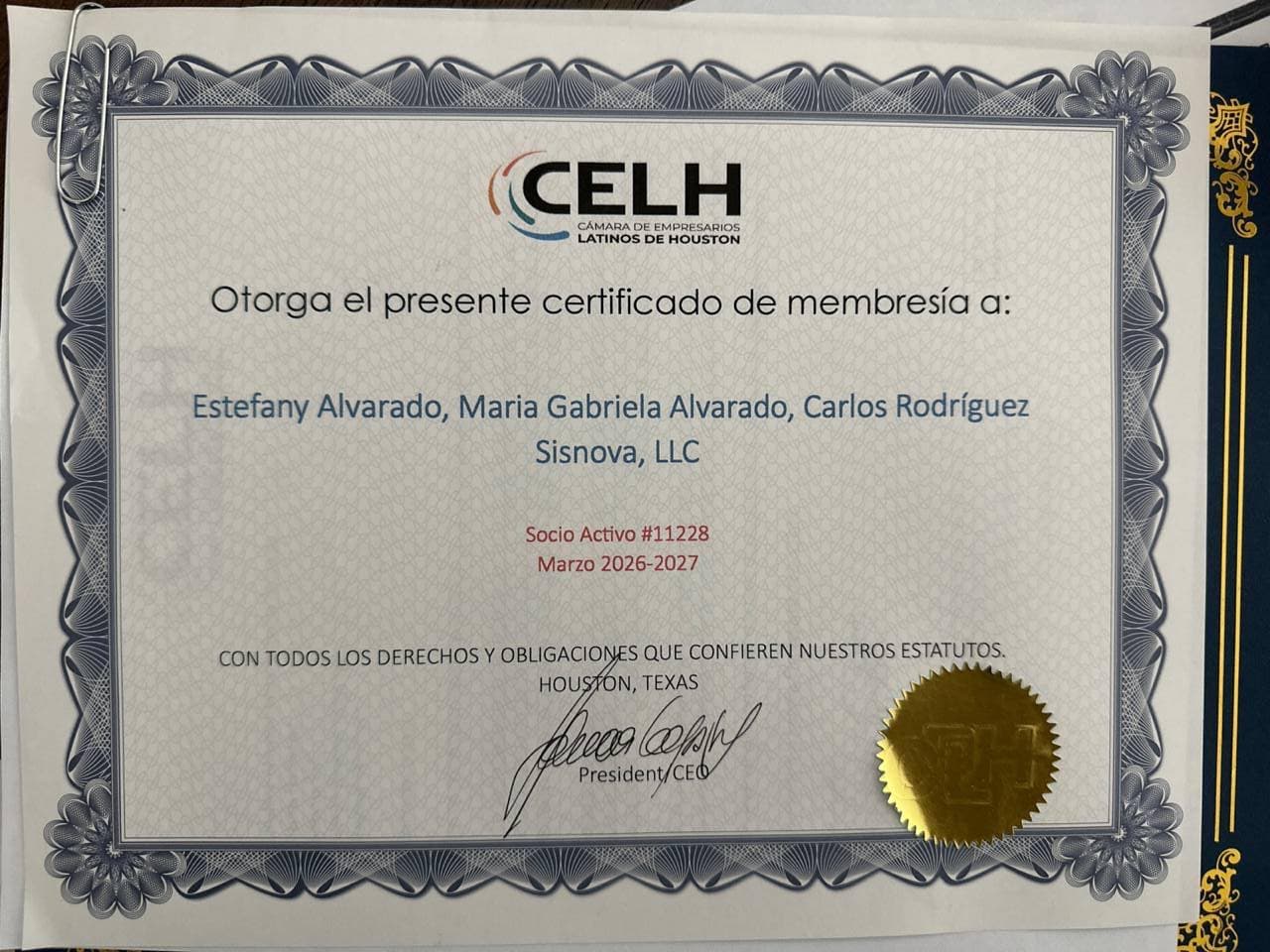 CELH membership certificate issued to Sisnova, LLC as Socio Activo #11228 by the Cámara de Empresarios Latinos de Houston for March 2026–2027